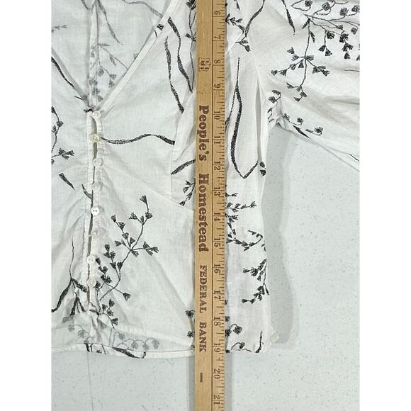 H&M Crop Top Size XS White Floral Deep Vneck Balloon Sleeves Linen Blend - Picture 7 of 9